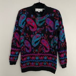 Vintage Needleworks 1989 Hand Knitted Paisley Multicolored Embroidered Sweater M